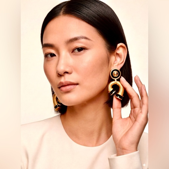 Jewelry - Vintage Black Enamel Lucky Horseshoe Earrings – Elegant Statement Design